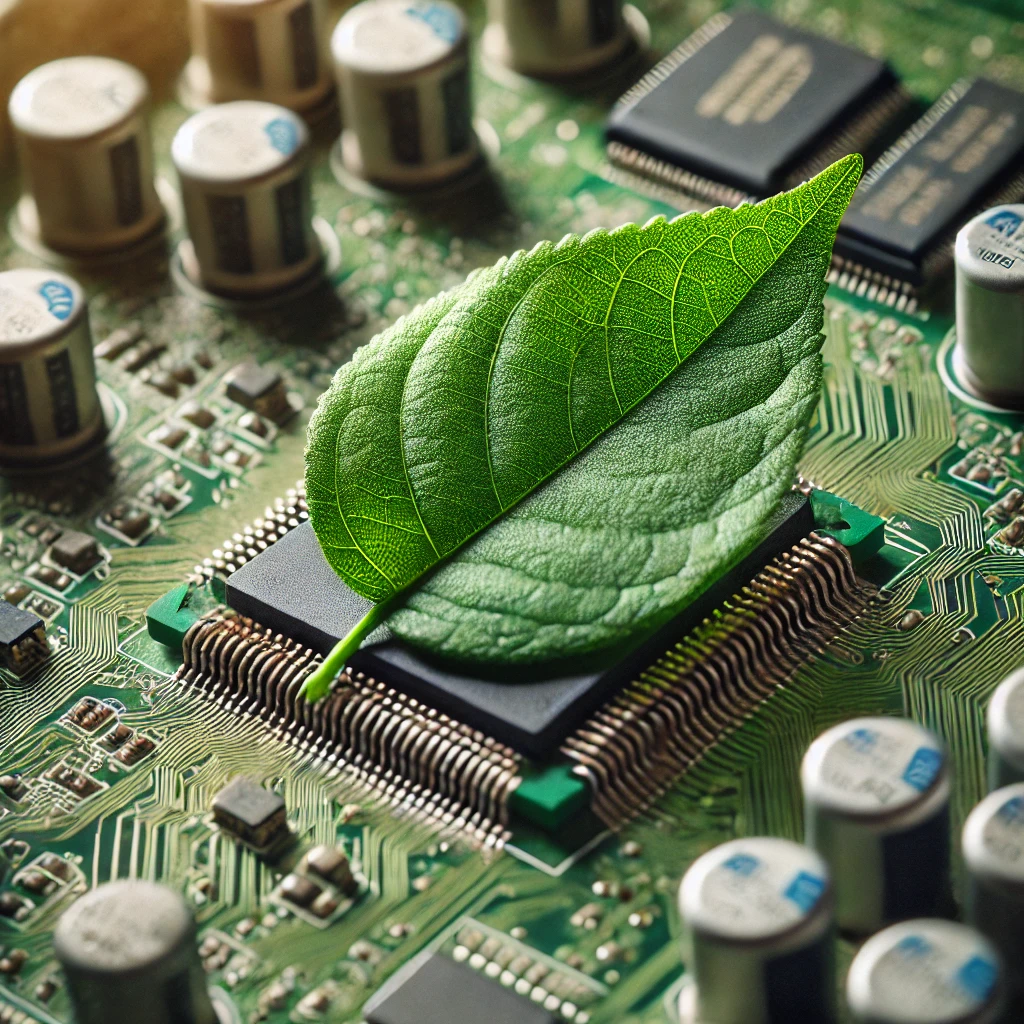 Illustration of a green circuit board shaped like a leaf representing sustainability in e-waste recycling